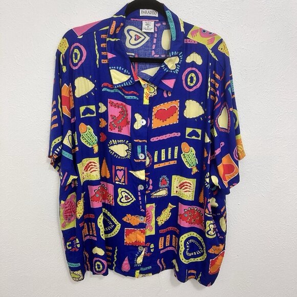 VTG 90s Paradiso Blue Colorful Quirky Hawaiian Shirt Artsy Beach Dopamine Sz 3X - Picture 2 of 10